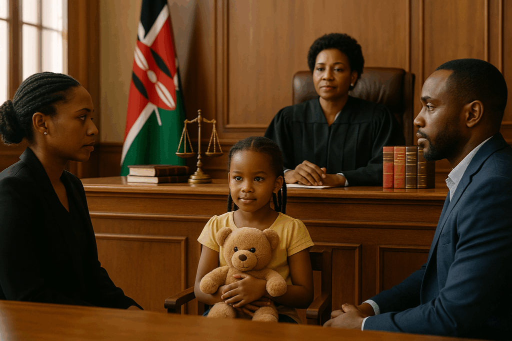 Judge, parents, and child holding a teddy bear in a Kenyan courtroom with flag and scales