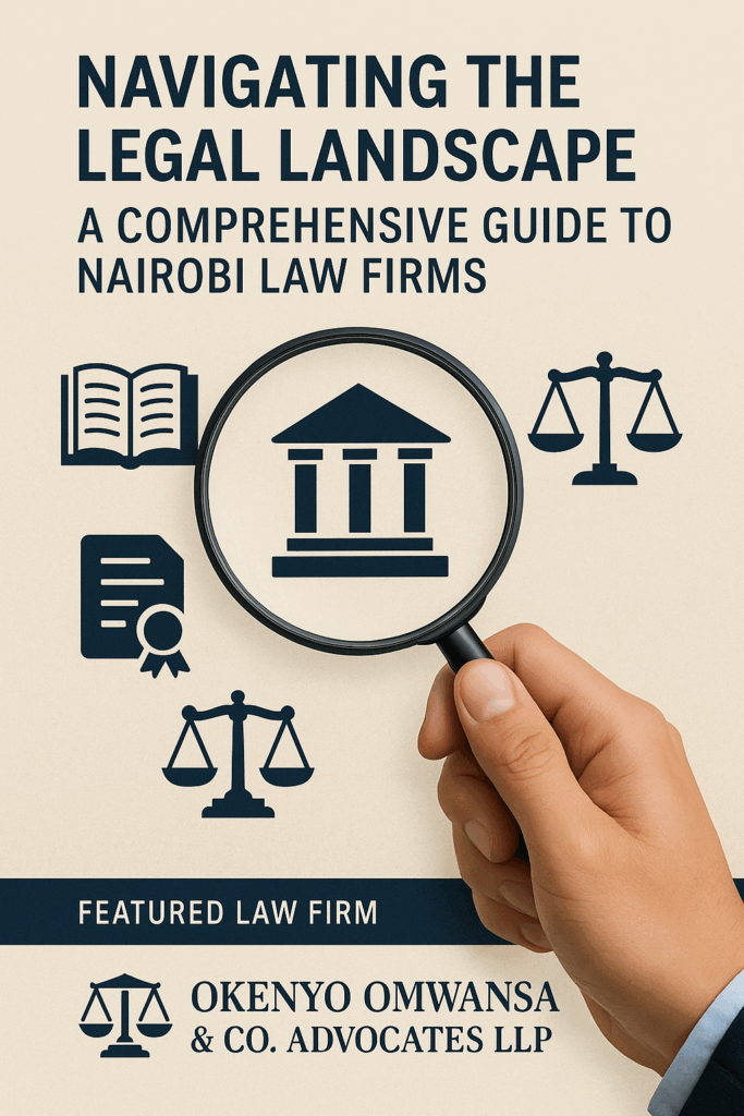 Nairobi law firms guide cover – legal scales, books, and city skyline featuring Okenyo Omwansa & Co. Advocates LLP.