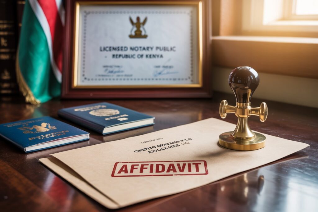 Photorealistic image of a wooden desk with official Kenyan legal documents being notarized. A red stamp marks an affidavit beside a Kenyan passport, ID card, brass notary embosser, and a legal book. Branded stationery displays “Okenyo Omwansa & Co. Advocates,” with a Kenya flag and notary certificate in the background