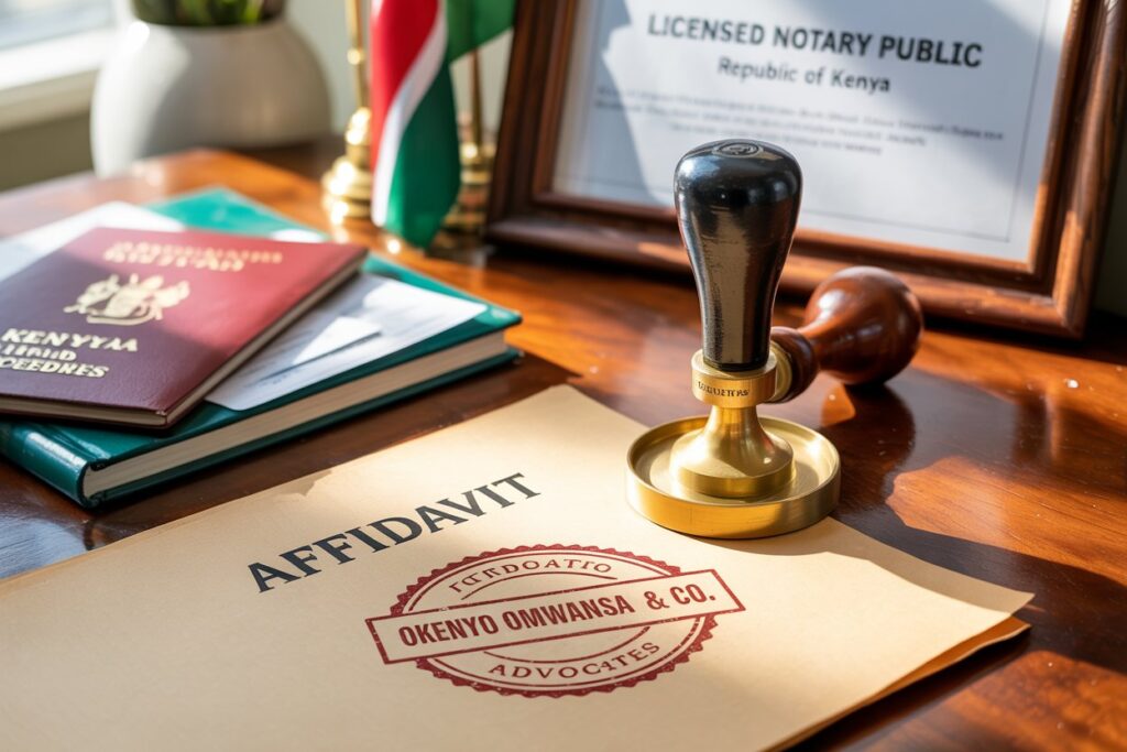 Photorealistic image of a wooden desk with official Kenyan legal documents being notarized. A red stamp marks an affidavit beside a Kenyan passport, ID card, brass notary embosser, and a legal book. Branded stationery displays “Okenyo Omwansa & Co. Advocates,” with a Kenya flag and notary certificate in the background