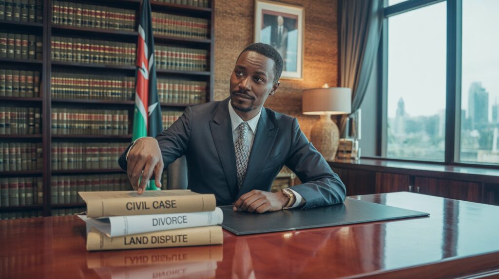 Lawyer in a Nairobi law firm consulting with a client about filing a legal case, with legal documents and Kenyan flag visible in the background.

Let me know if you'd like separate alt text for social sharing images or section illustrations.