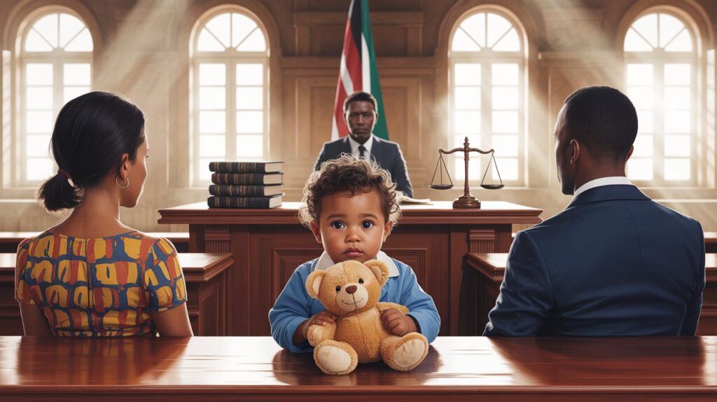 A young African girl holding a teddy bear sits between her parents in a Kenyan courtroom during a child custody hearing. A judge is seated with them, with the Kenyan flag and law books visible in the background.