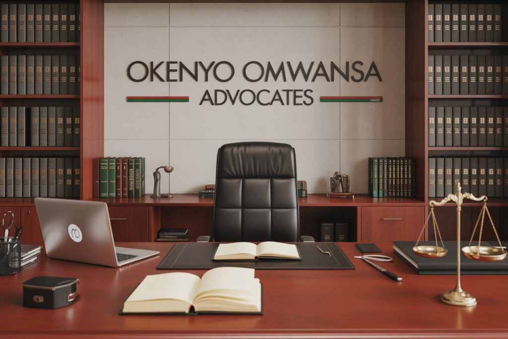 Photorealistic office of Okenyo Omwansa Advocates in Nairobi, featuring legal books, scales of justice, a laptop, and case files on corporate law, family law, immigration, and contracts, with the firm’s name displayed on the wall and subtle Kenyan flag colors in the décor. corporate-business-law-kenya-okenyo-omwansa-advocates.jpg