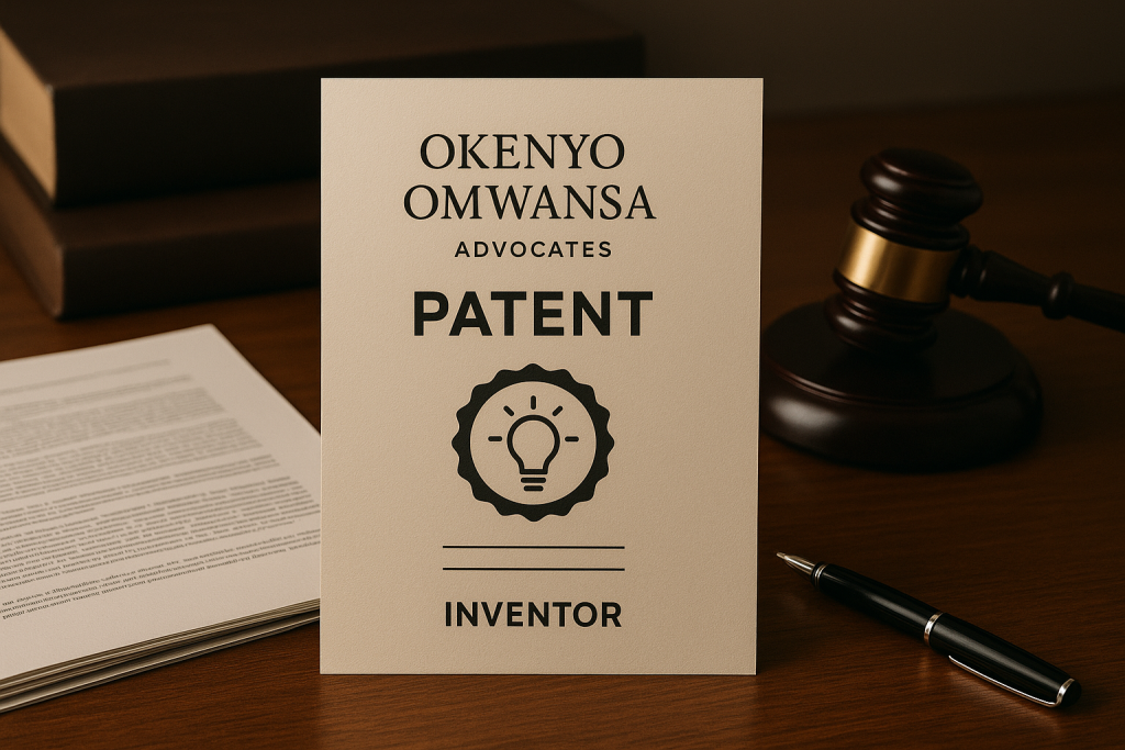 Patent certificate issued in Kenya with Okenyo Omwansa Advocates branding, symbolizing legal protection, innovation, and intellectual property rights.