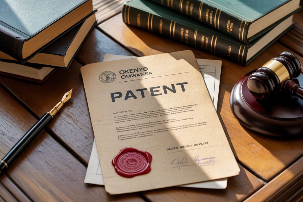 Patent certificate issued in Kenya with Okenyo Omwansa Advocates branding, symbolizing legal protection, innovation, and intellectual property rights.