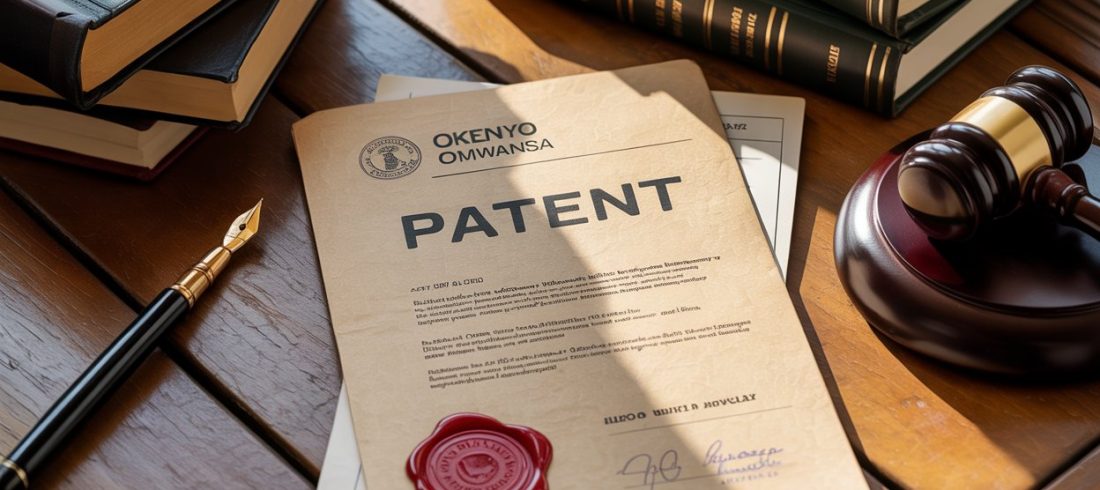 Patent certificate issued in Kenya with Okenyo Omwansa Advocates branding, symbolizing legal protection, innovation, and intellectual property rights.