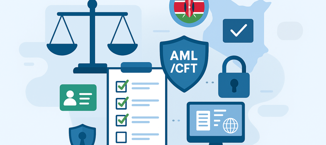 Illustration of Kenya’s legal and financial compliance landscape with scales of justice, AML/CFT shields, security locks, compliance checklists, and Kenyan flag colors in a modern flat vector style.