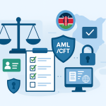 Kenyan Compliance and Security Symbols Illustration of Kenya’s legal and financial compliance landscape with scales of justice, AML/CFT shields, security locks, compliance checklists, and Kenyan flag colors in a modern flat vector style.
