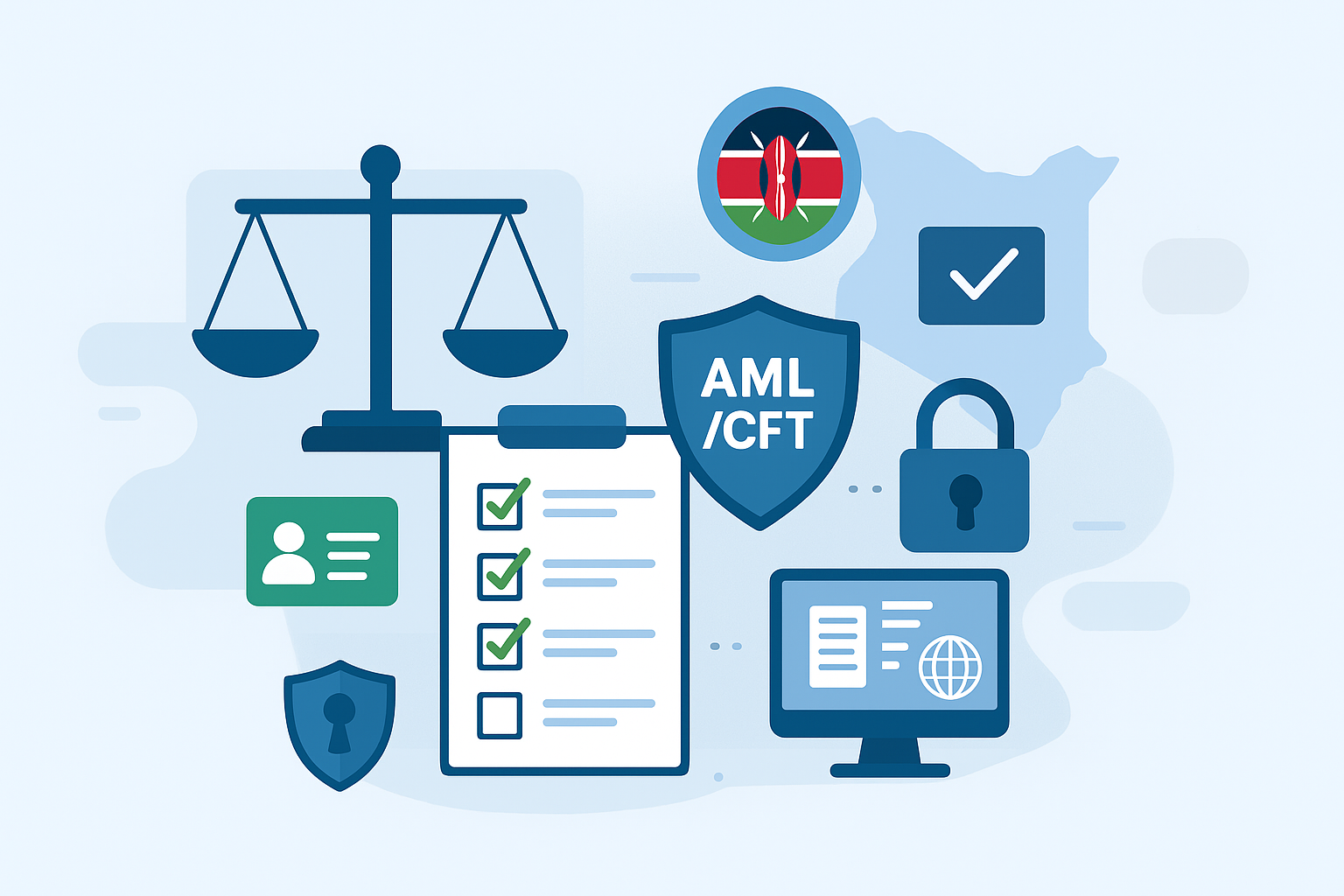 Illustration of Kenya’s legal and financial compliance landscape with scales of justice, AML/CFT shields, security locks, compliance checklists, and Kenyan flag colors in a modern flat vector style.