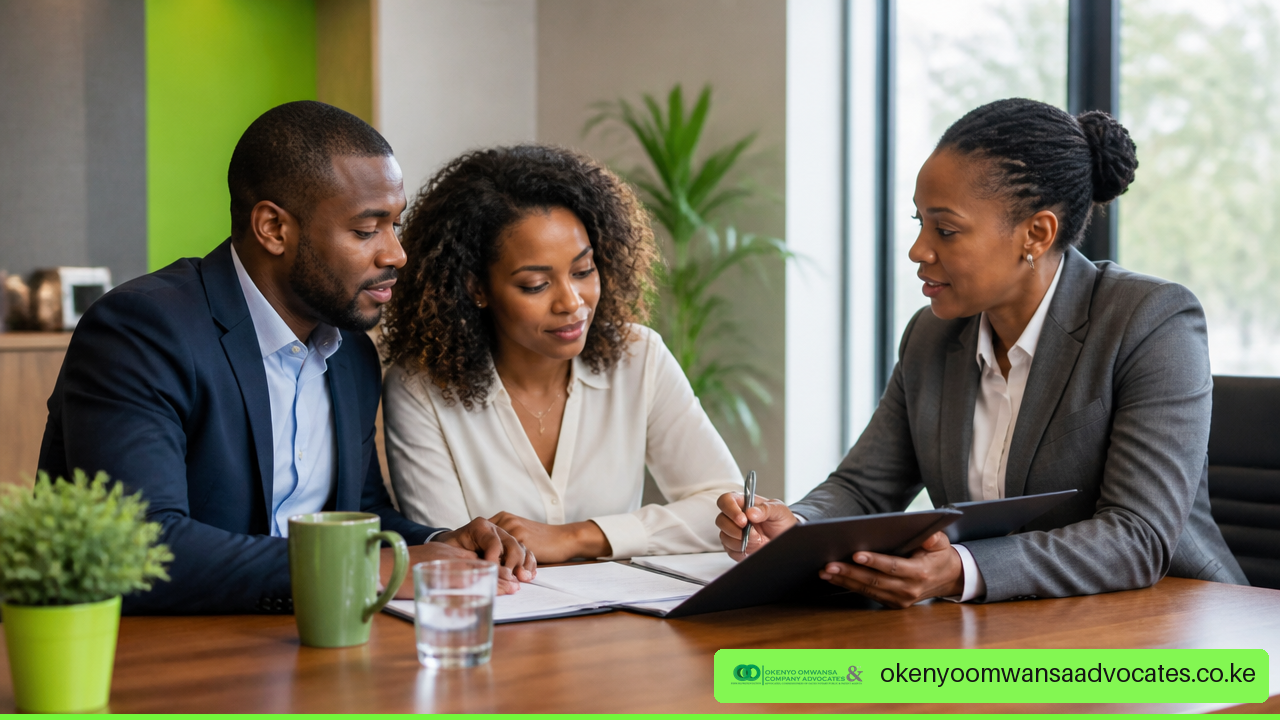 Engaged couple reviewing a prenuptial agreement with a legal professional.