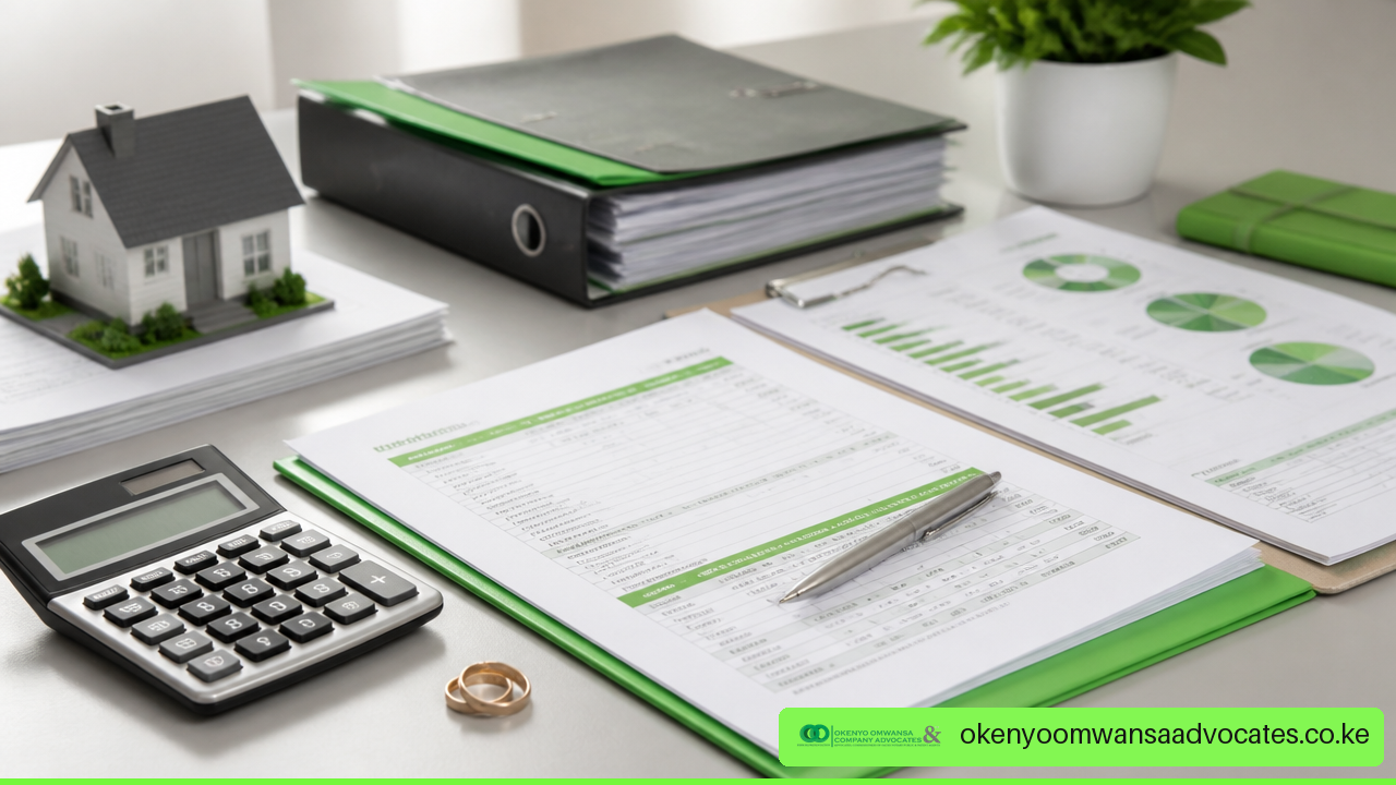 Financial documents and property records prepared for a prenuptial agreement.